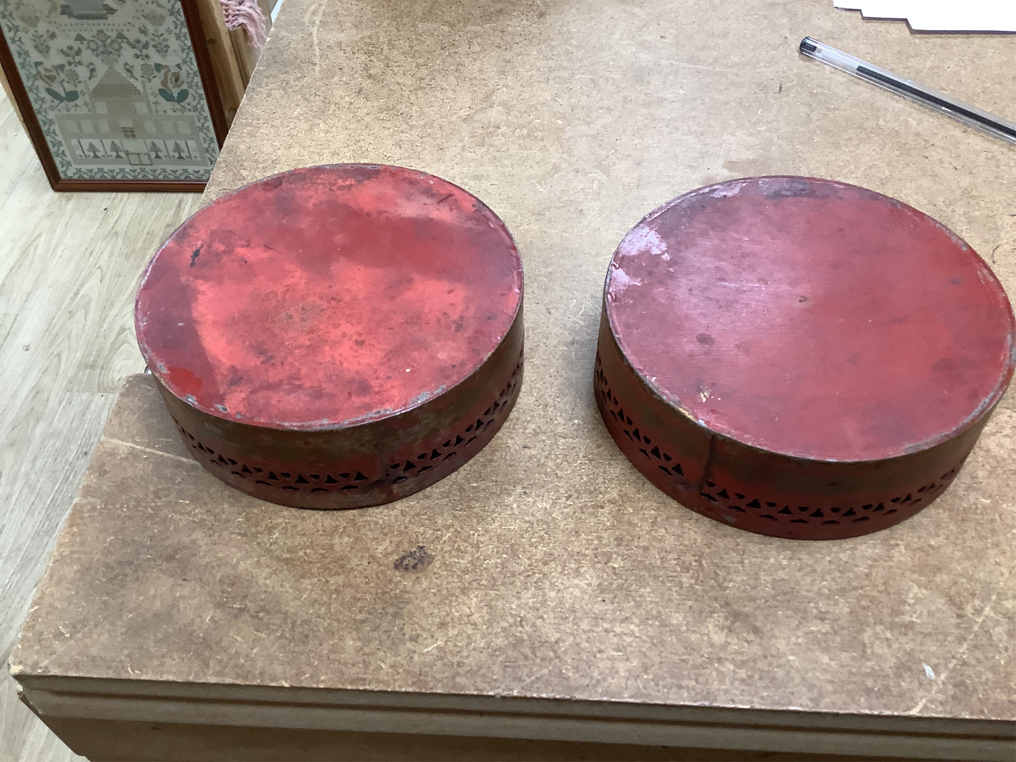 A George III silver and Old Sheffield plate mounted toleware teapot and a pair of red japanned toleware wine coasters, teapot 28cm wide (3)